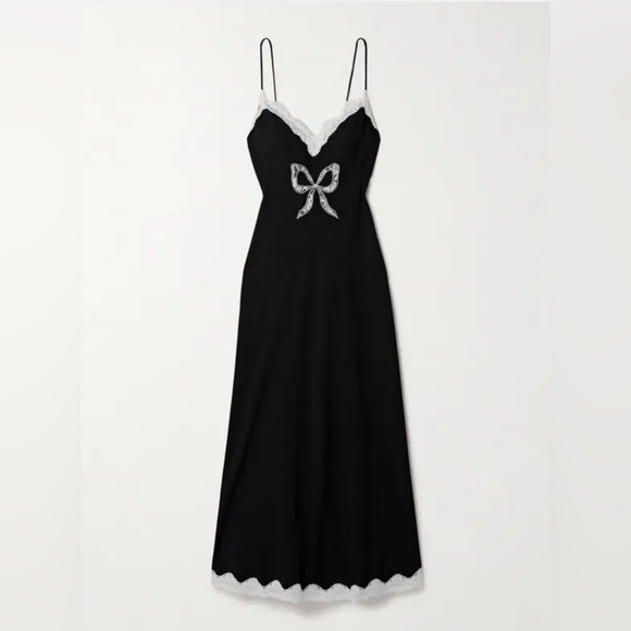 LoveShackFancy Dresses & Skirts - LoveShackFancy Black Midi Slip Dress with White Lace Bow and Trim